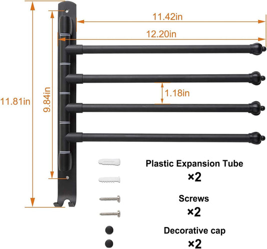 180 Degree Swivel Towel Rack with Four Arms and Dual Hooks