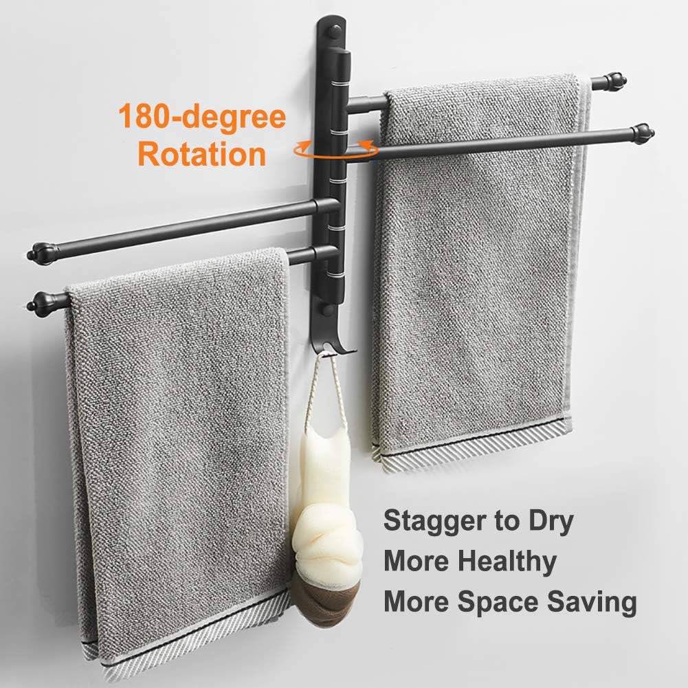 180 Degree Swivel Towel Rack with Four Arms and Dual Hooks