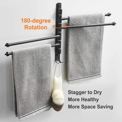 180 Degree Swivel Towel Rack with Four Arms and Dual Hooks