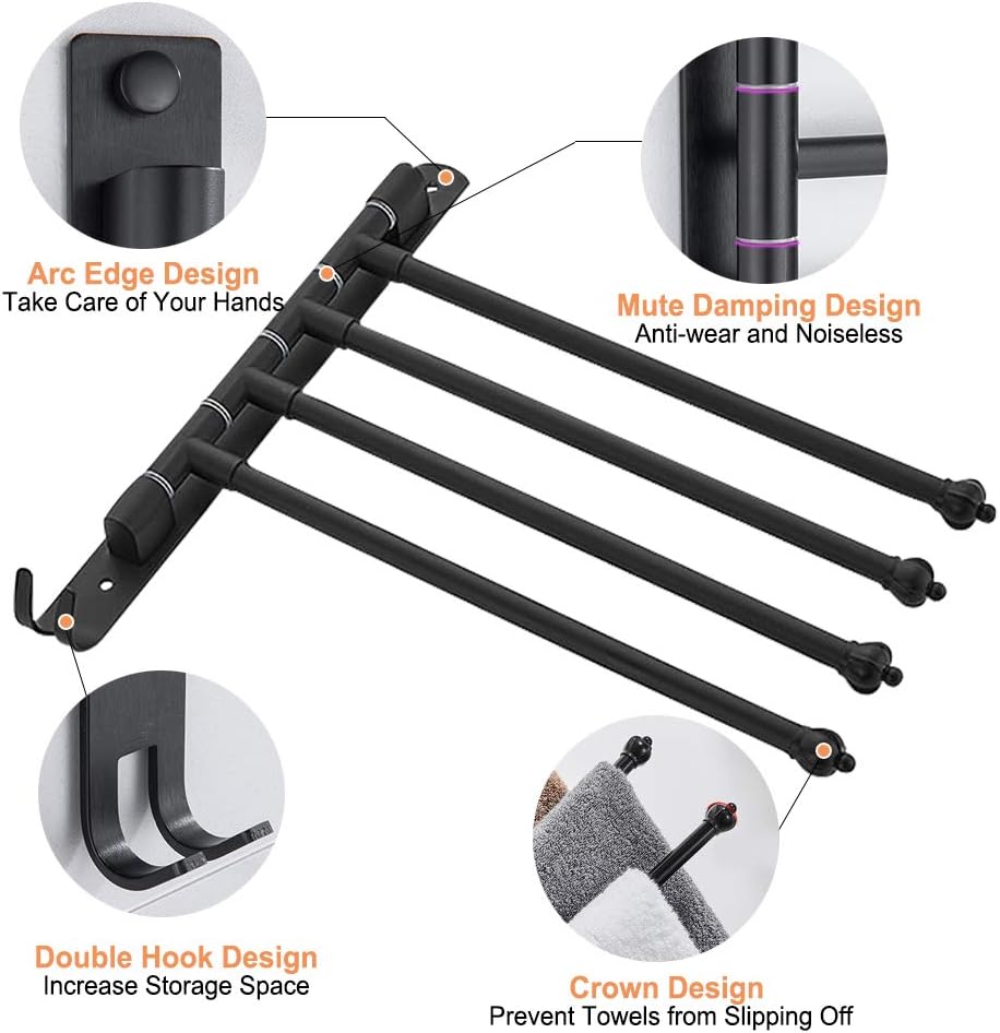 180 Degree Swivel Towel Rack with Four Arms and Dual Hooks