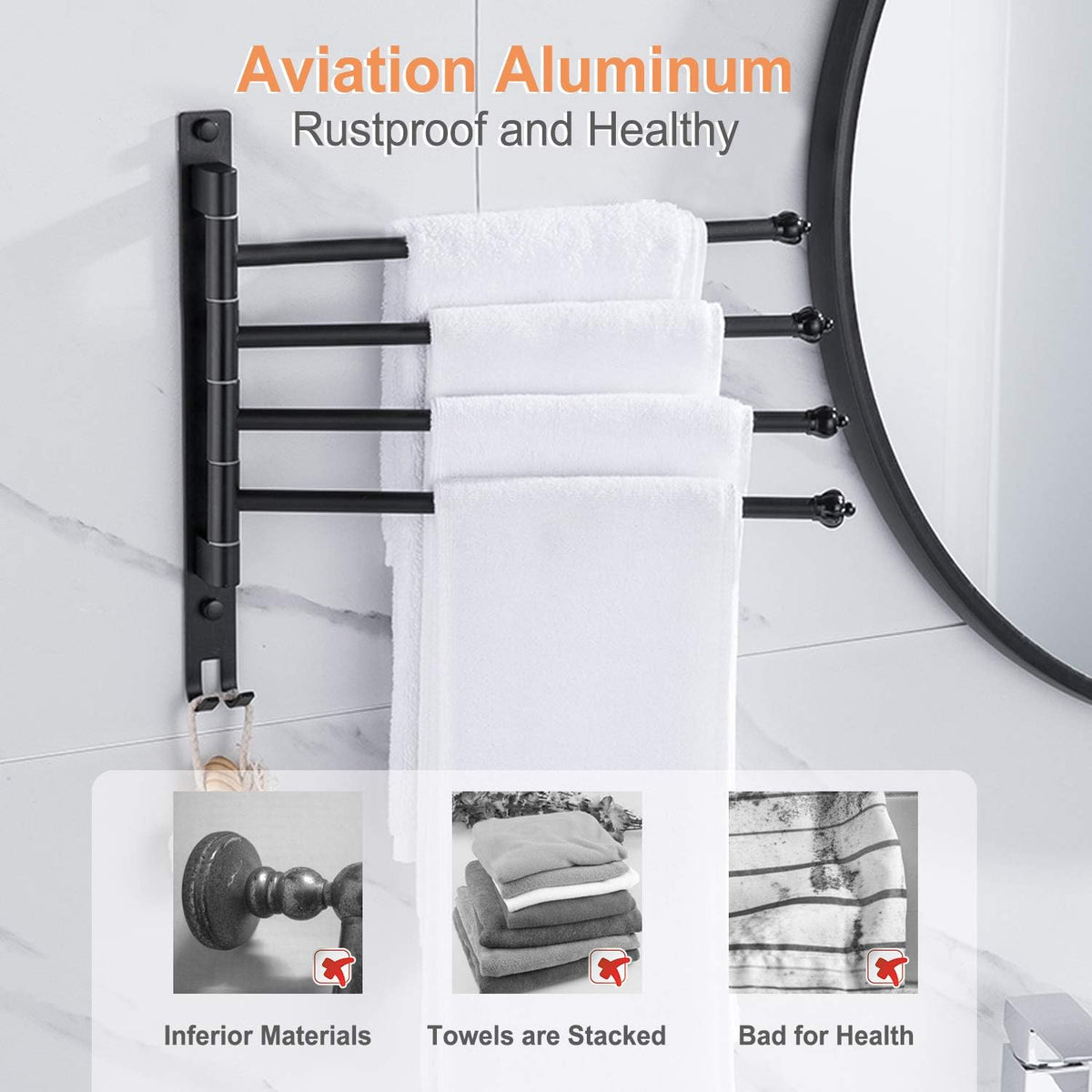 180 Degree Swivel Towel Rack with Four Arms and Dual Hooks