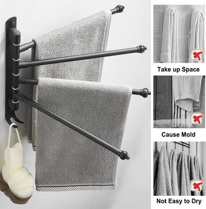 180 Degree Swivel Towel Rack with Four Arms and Dual Hooks