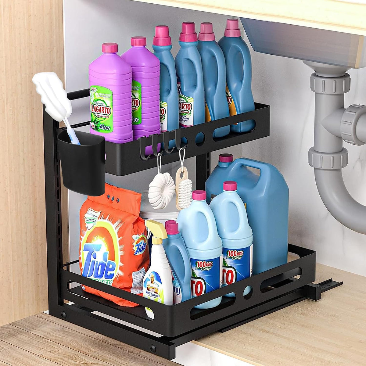 Expandable Two Tier Under Sink Organizer with Sliding Shelves